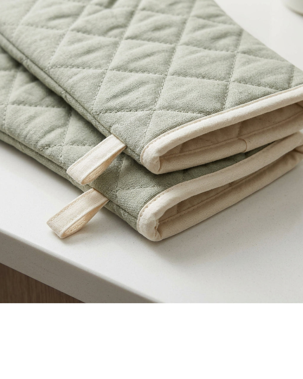 Yomur Long Quilted Cotton Oven Mitt Pair Sage Cream 13 Inch - Detail view