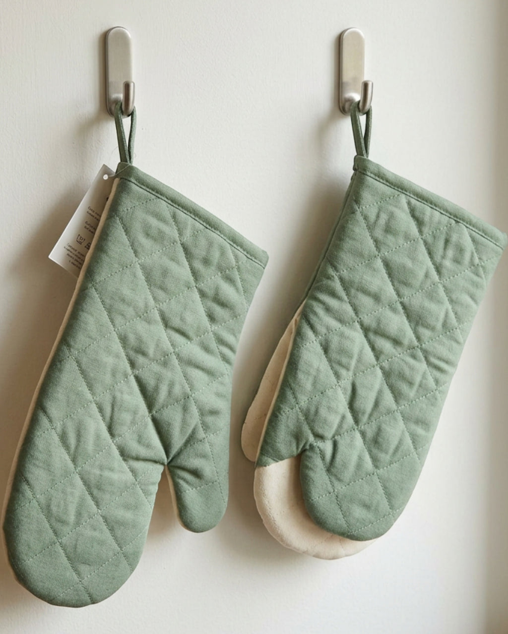 Yomur Long Quilted Cotton Oven Mitt Pair Sage Cream 13 Inch - Lifestyle view